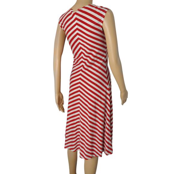1970s Red White Bodycon Striped Fit Flare Sleeveless V Neck Dress Size Small - Picture 6 of 7